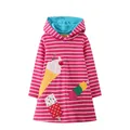 Pink and white striped long-sleeve hooded dress with ice cream embroidery for girls - 3T Recommended Height 90-95 / Top And Bottom - Pink and White Striped Ice Cream (7807) / Pink White Stripes
