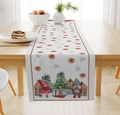 Linen Christmas table runner detail with gnomes, trees and cookies on wood table - Christmas Gnome/Christmas Tree/Cookie Elements / 33*183cm