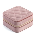 Pink velvet quilted jewelry box with zipper for portable earring and ring storage - Pink