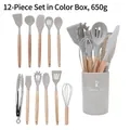 12-piece gray silicone cooking utensils set with wooden handles and storage bucket - Lightweight Kitchen Utensil Set / Khaki