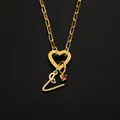 14K gold plated stainless steel heart clasp necklace with initial and pink gemstone - Letter V