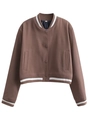Detailed view of brown baseball jacket featuring white striped ribbed cuffs and snap buttons - Tan