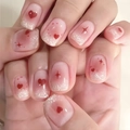 Short pink gradient press-on nails with red heart patterns and silver glitter accents - Pink Gradient Heart Glitter (YS399-No Tools)