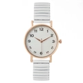 Montre minimaliste pour femme avec cadran blanc, boîtier or rose et bracelet extensible - Blanc