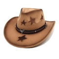 Brown vintage felt western cowboy hat with star print and silver bull head emblem - M (56-58cm) / Camel