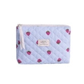 Quilted makeup bag with blue white stripes and red strawberry print with zip - Blue Strawberry Octagonal Bag