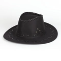 Close-up of black western cowboy hat with woven leather trim and metal air vents - Adjustable / Black