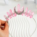 Pink natural crystal crown headband with silver moon crescent and metal wire weave - Pink