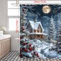 Duschvorhang mit Winterszene, weißem Rentier und Mond im modernen Badezimmer - 25SD-B Traumhafte Schneeszene / 90*180cm