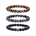 Three-piece beaded bracelet set with tiger eye, snowflake obsidian, and lava stone beads - Tiger Eye + Snowflake + Lava