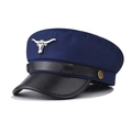 Detail of navy blue military cap featuring black leather brim and silver bull head badge - M (56-58cm) / Navy Blue (Bull Head)