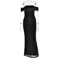 Detail view of black off-shoulder mesh dress featuring elegant ruched fabric on a mannequin - S / Black