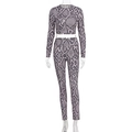 Detailaufnahme von lila Schlangenhaut-Print auf Langarm-Crop-Top und Leggings Set - S / Lila Schlangenmuster