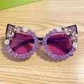 Cat eye sunglasses in purple with rhinestones, bees, and floral decorative details - Purple Frame / Violet Rhinestone