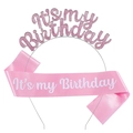 Set cerchietto rosa glitterato It's my Birthday e fascia in raso per festa bambina - Cerchietto Glitter Rosa e Fascia Rosa