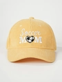 Close-up of Soccer MOM embroidery and heart soccer detail on yellow corduroy baseball cap - Yellow