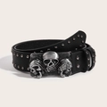 Punk black leather belt with silver triple skull buckle and metal stud decorations - Triple Skull Buckle Rivet Style / Black