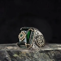 Vintage punk ring featuring emerald green gemstone and intricate totem engravings - J080-2 Green / Size 7
