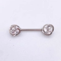 Silver stainless steel nipple ring bar with triple clear zircon gems on each end - Steel - Triple Zircon Stud