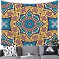 Vibrant yellow Mandala wall tapestry in a cozy living room setting behind a sofa - 100x70cm (Short Plush) / Bright Yellow Base Blue Purple Pink Floral (28)