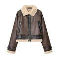 Chaqueta corta de cuero sintético marrón para mujer con cuello de lana y cinturón bajo - XS / Marrón