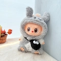 Labubu plush toy wearing a grey Totoro-style hooded outfit and carrying a black crossbody bag - Cloud Velvet Totoro Set / First And Second Generation Keychains Are Compatible With La Cloth Dolls. Dolls Not Included.