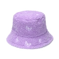 Light purple plush bucket hat with white butterfly embroidery in soft teddy fleece texture - Purple