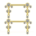 Detail van twee paar gouden tepelpiercings met hangende ronde transparante edelstenen - Klauwzetting Druppel Goud