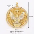 Golden round pendant with cross, peace dove, and micro-paved white zircons charm - K66 Eagle Gold