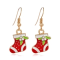 Detail of red Christmas sock earrings with white trim and sparkling crystal accents - Boots #23
