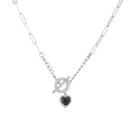 Silver paperclip necklace featuring a crystal-set toggle clasp and a black heart pendant - Platinum Black Zirconia