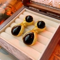 Vintage gold drop earrings featuring large polished black teardrop stones in a jewelry box - Silver Needle-Black Teardrop Gem (49#)