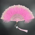 Elegant pink feather folding fan with gold lace trim and matching floral tassel charm - Bronzing Feather Fan Pink