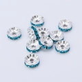Silver plated rondelle spacer beads with vibrant blue rhinestones for DIY bracelets - 6mm / Silver + Sky Blue Rhinestone