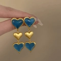 Orecchini pendenti a tre cuori blu e oro con effetto pietra luccicante vintage - 10# Perno in Argento - Cuore Blu