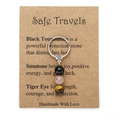 Handmade stone keychain featuring black tourmaline, sunstone, and tiger eye on a card - Safe Travels (3614)