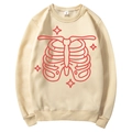 Unisex beige fleece hoodie featuring red skeleton ribcage and stars graphic print - S / Tops / Beige (Red Skeleton Print)