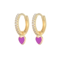 Detail of gold heart earrings with purple enamel and zircon stones for women - Gold-Purple