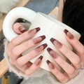 Short brown and nude gradient press-on nails in long coffin shape with glitter accents - R745 Caramel Blush / Nail Glue Version