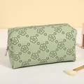 Light green PU leather cosmetic bag with dark green hibiscus floral embossed pattern - Small Rectangular (X-208) / 19x9x10.5cm (75g) / Creamy Green