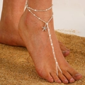 Bohemian barefoot sandal anklet with white beads and silver starfish charm on sand - Antique Silver (01)