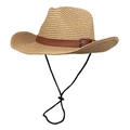 Classic straw cowboy sun hat with brown decorative band and adjustable chin strap - M (56-58cm) / Khaki