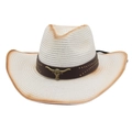 Bohemian western straw cowboy hat with vintage bull head badge and leather band décor - Gradient Edge Gold Bull Head (With Wind Rope) / White