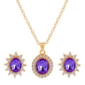 Golden jewelry set with purple oval crystal necklace and matching stud earrings - Purple Oval Halo Gemstone Set (01 Rose Gold# Purple M-144) / Rose Gold With Purple