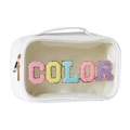 Weiße PVC Kosmetiktasche mit Goldreißverschluss und bunten COLOR Chenille Buchstaben - Transparente Tasche (COLOR)