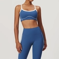 Dunkelblaues Sport-BH und Leggings Set für Damen mit weißen Kontrastnähten für Fitness - S / Nachtblau