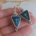 Vintage silver-tone triangle drop earrings with blue inlay and cyan ethnic pattern - S694 Triangle Blue Totem