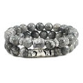 Double-layered 8mm grey marble bead bracelet with metallic Buddha head and floral charms - Picasso Stone Set 2
