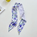 Floral silk twilly scarf with purple iris pattern on white background for bags or hair - Iris Blue