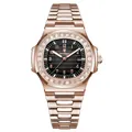 Luxury men's quartz watch in rose gold finish with black dial and crystal bezel - Rose Gold Case Black Dial Steel Strap